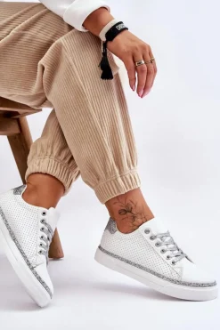 Niskie Damskie Trampki Z Perforacją Biało-Srebrne Daxton