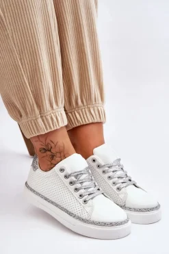 Niskie Damskie Trampki Z Perforacją Biało-Srebrne Daxton