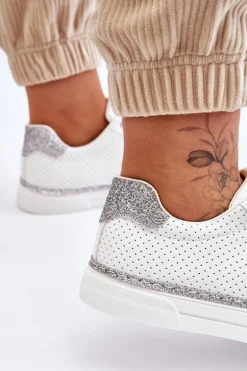 Niskie Damskie Trampki Z Perforacją Biało-Srebrne Daxton