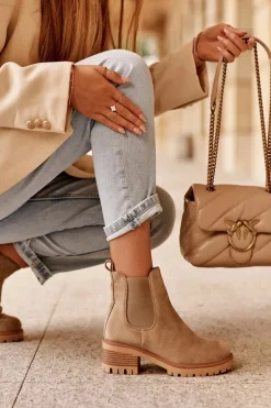 Niskie Klasyczne Zamszowe Botki Sztyblety Beżowe Lalyllis