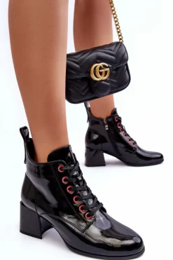 Niskie Lakierowane Botki Sznurowane S.Barski MR870-66 Czarne