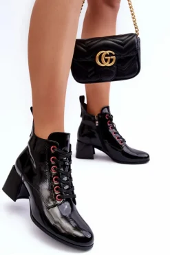 Niskie Lakierowane Botki Sznurowane S.Barski MR870-66 Czarne