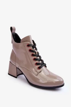 Niskie Lakierowane Botki Sznurowane S.Barski MR870-66 Ciemnobeżowe
