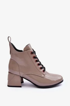 Niskie Lakierowane Botki Sznurowane S.Barski MR870-66 Ciemnobeżowe