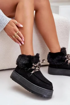 Niskie Śniegowce Damskie Na Platformie Z Futerkiem Czarne Neathren