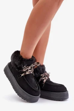 Niskie Śniegowce Damskie Na Platformie Z Futerkiem Czarne Neathren
