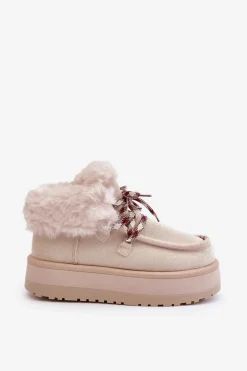 Niskie Śniegowce Damskie Na Platformie Z Futerkiem Jasnobeżowe Neathren