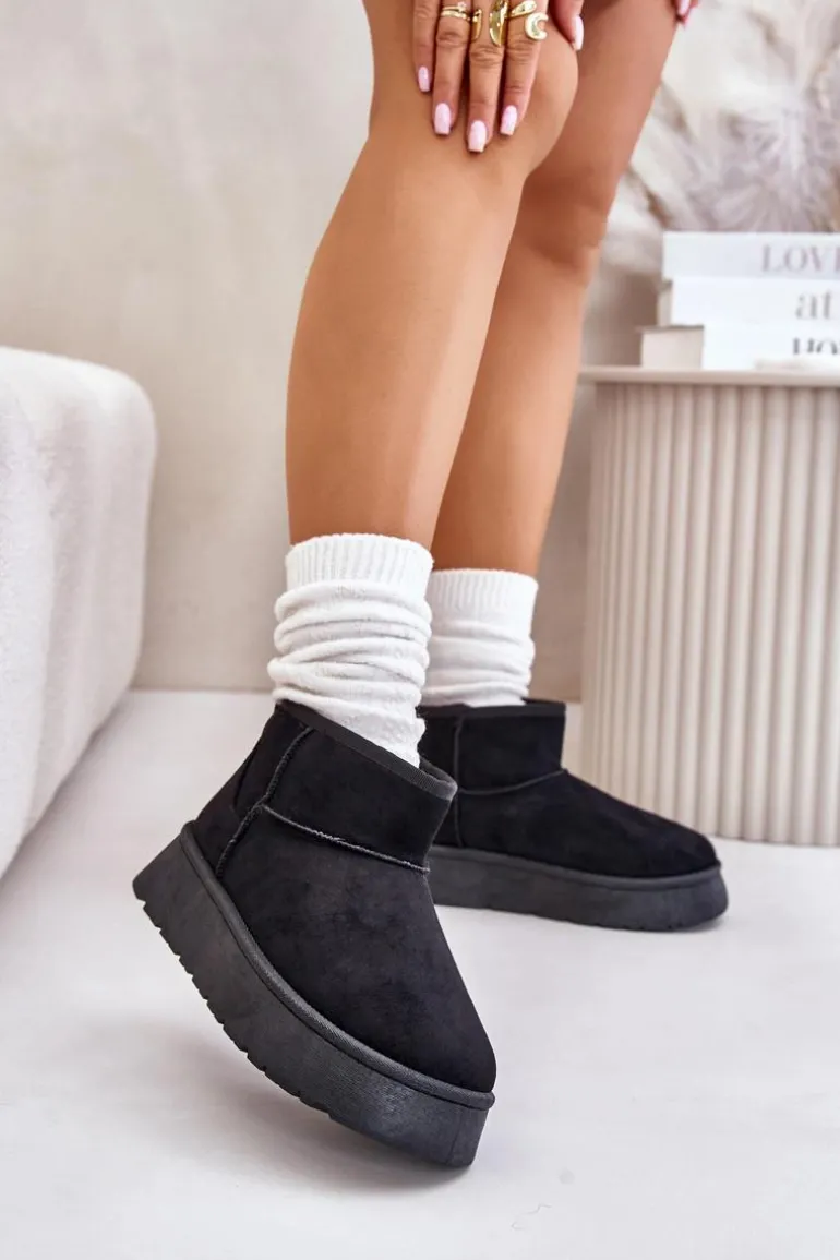 Niskie Śniegowce Damskie Na Platformie Ocieplane Futerkiem Czarne Saldren