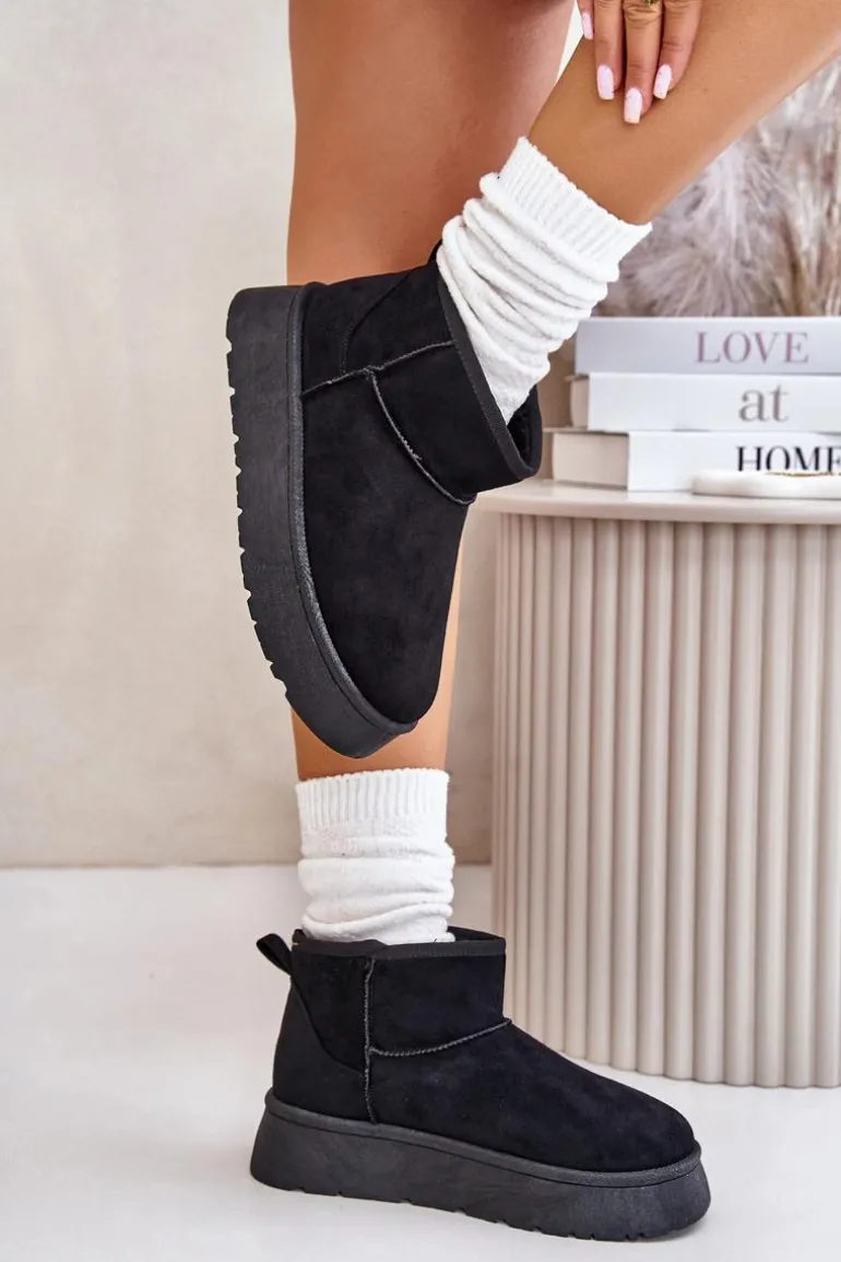 Niskie Śniegowce Damskie Na Platformie Ocieplane Futerkiem Czarne Saldren