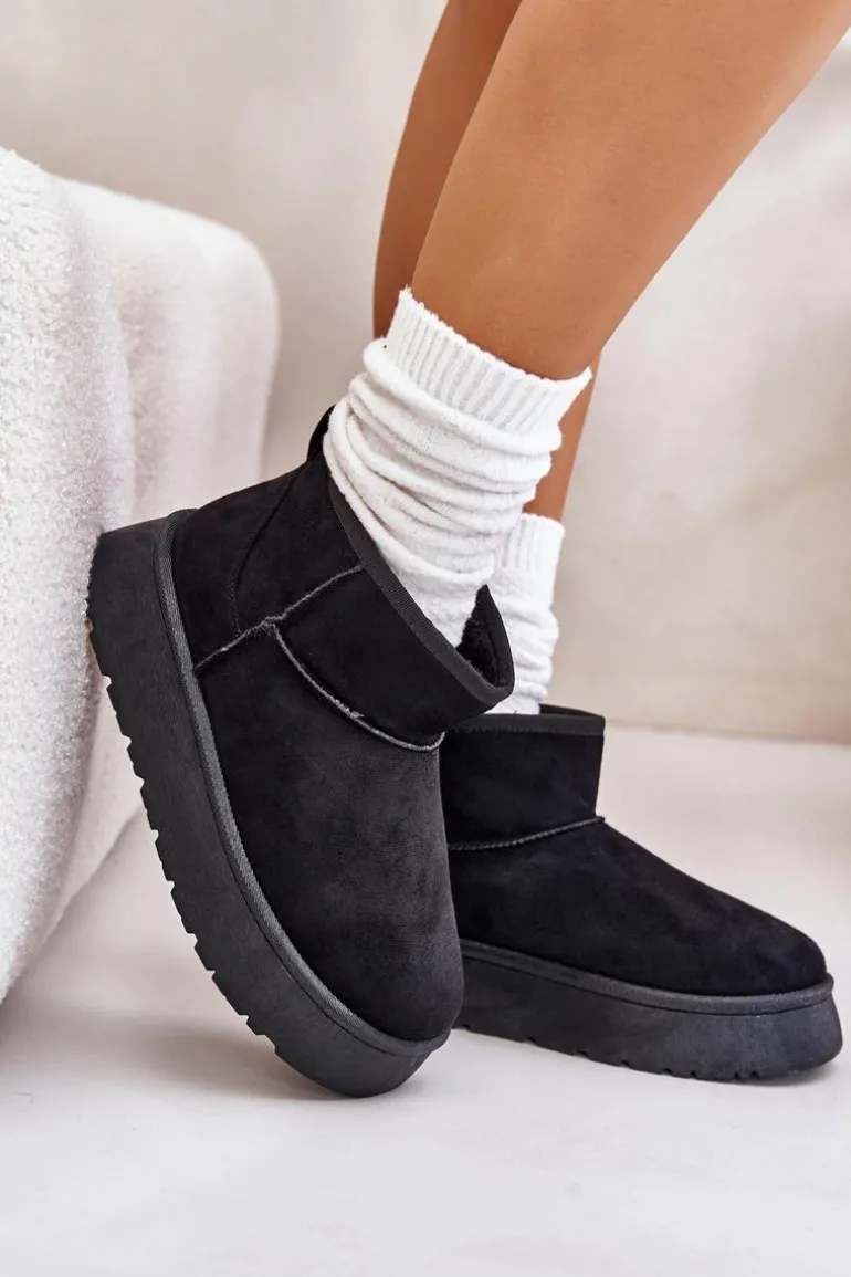 Niskie Śniegowce Damskie Na Platformie Ocieplane Futerkiem Czarne Saldren