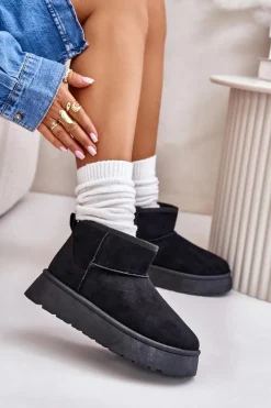 Niskie Śniegowce Damskie Na Platformie Ocieplane Futerkiem Czarne Saldren