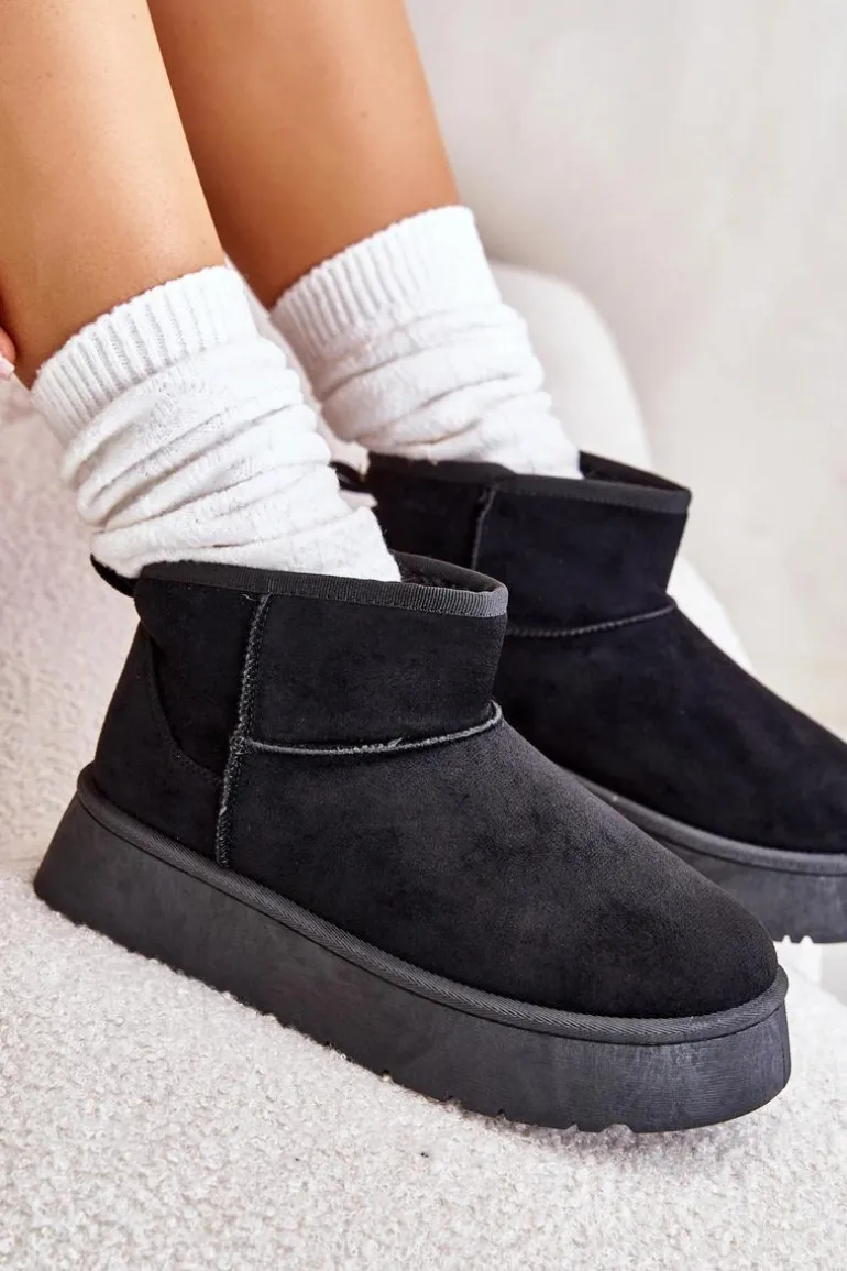 Niskie Śniegowce Damskie Na Platformie Ocieplane Futerkiem Czarne Saldren