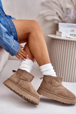 Niskie Śniegowce Damskie Na Platformie Ocieplane Futerkiem Beżowe Saldren