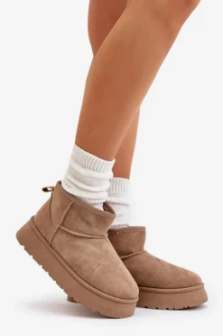 Niskie Śniegowce Damskie Na Platformie Ocieplane Futerkiem Beżowe Saldren