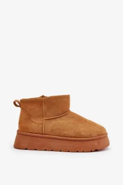 Niskie Śniegowce Damskie Na Platformie Ocieplane Futerkiem Camel Saldren