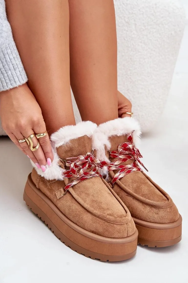 Niskie Śniegowce Damskie Na Platformie Z Futerkiem Camel Neathren