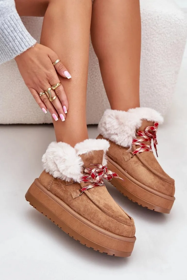 Niskie Śniegowce Damskie Na Platformie Z Futerkiem Camel Neathren