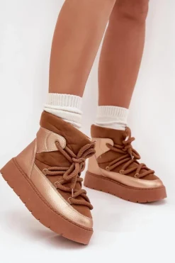 Niskie Śniegowce Damskie Ocieplane Futerkiem Z Grubym Wiązaniem Camel Xarina