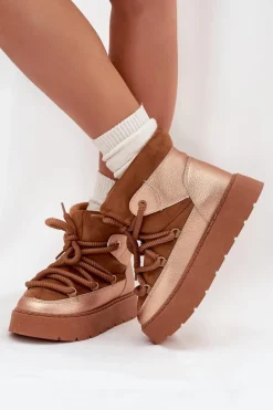 Niskie Śniegowce Damskie Ocieplane Futerkiem Z Grubym Wiązaniem Camel Xarina