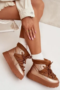 Niskie Śniegowce Damskie Ocieplane Futerkiem Z Grubym Wiązaniem Camel Xarina