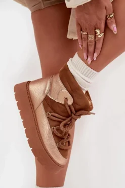 Niskie Śniegowce Damskie Ocieplane Futerkiem Z Grubym Wiązaniem Camel Xarina