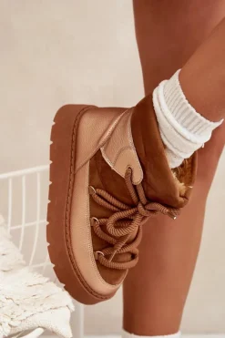 Niskie Śniegowce Damskie Ocieplane Futerkiem Z Grubym Wiązaniem Camel Xarina