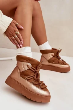 Niskie Śniegowce Damskie Ocieplane Futerkiem Z Grubym Wiązaniem Camel Xarina