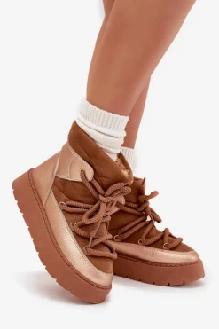 Niskie Śniegowce Damskie Ocieplane Futerkiem Z Grubym Wiązaniem Camel Xarina