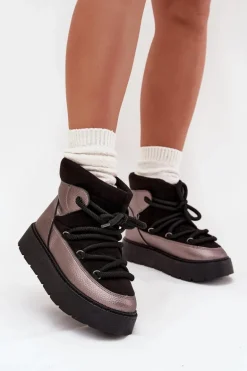 Niskie Śniegowce Damskie Ocieplane Futerkiem Z Grubym Wiązaniem Czarne Xarina