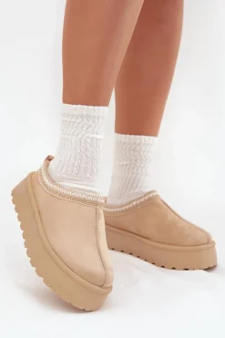 Niskie Śniegowce Damskie Z Haftem Na Platformie Jasnobeżowe Narirya