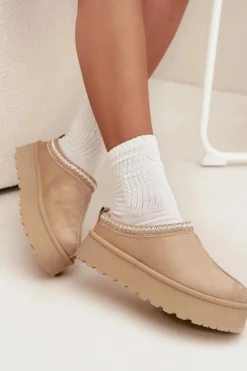 Niskie Śniegowce Damskie Z Haftem Na Platformie Jasnobeżowe Narirya