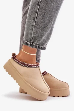 Niskie Śniegowce Damskie Z Haftem Na Platformie Jasnobeżowe Narirya