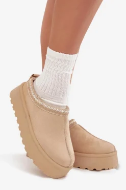 Niskie Śniegowce Damskie Z Haftem Na Platformie Jasnobeżowe Narirya