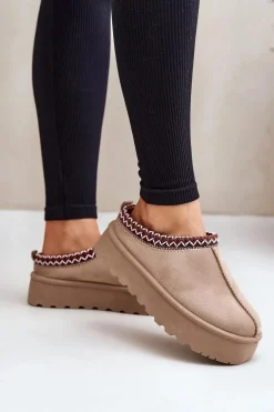 Niskie Śniegowce Damskie Z Haftem Na Platformie Ciemnobeżowe Narirya