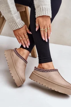 Niskie Śniegowce Damskie Z Haftem Na Platformie Ciemnobeżowe Narirya