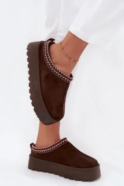 Niskie Śniegowce Damskie Z Haftem Na Platformie Czekoladowe Narirya