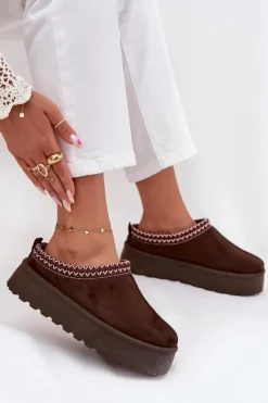 Niskie Śniegowce Damskie Z Haftem Na Platformie Czekoladowe Narirya