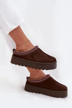 Niskie Śniegowce Damskie Z Haftem Na Platformie Czekoladowe Narirya