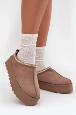 Niskie Śniegowce Damskie Z Haftem Na Platformie Ciemnobeżowe Narirya