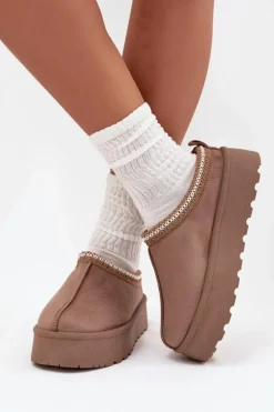 Niskie Śniegowce Damskie Z Haftem Na Platformie Ciemnobeżowe Narirya