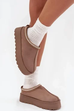 Niskie Śniegowce Damskie Z Haftem Na Platformie Ciemnobeżowe Narirya