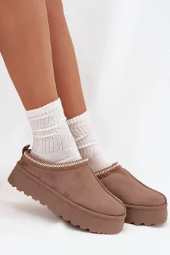 Niskie Śniegowce Damskie Z Haftem Na Platformie Ciemnobeżowe Narirya