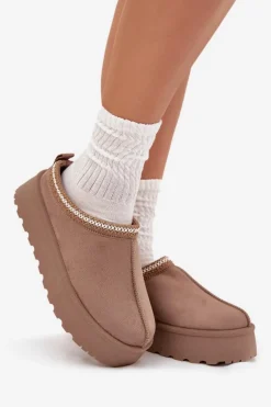 Niskie Śniegowce Damskie Z Haftem Na Platformie Ciemnobeżowe Narirya