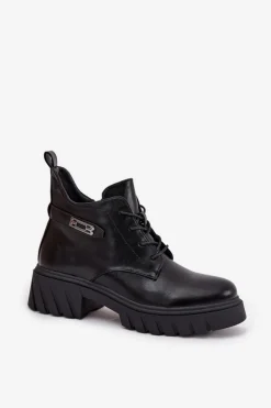 Niskie Ocieplane Botki Damskie Na Klocku Z Ozdobnym Paskiem Czarne Therisse