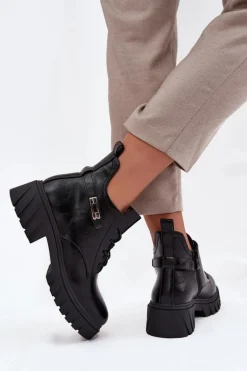 Niskie Ocieplane Botki Damskie Na Klocku Z Ozdobnym Paskiem Czarne Therisse