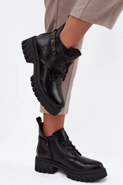 Niskie Ocieplane Botki Damskie Na Klocku Z Ozdobnym Paskiem Czarne Therisse