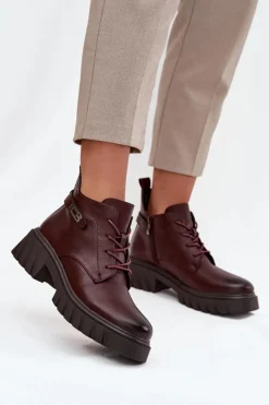 Niskie Ocieplane Botki Damskie Na Klocku Z Ozdobnym Paskiem Bordowe Therisse