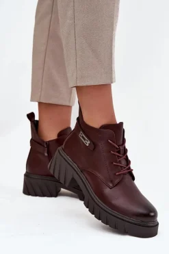 Niskie Ocieplane Botki Damskie Na Klocku Z Ozdobnym Paskiem Bordowe Therisse
