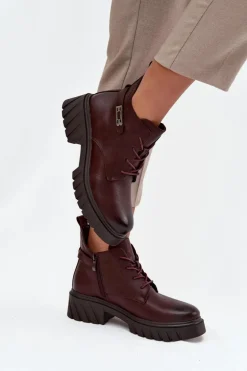 Niskie Ocieplane Botki Damskie Na Klocku Z Ozdobnym Paskiem Bordowe Therisse