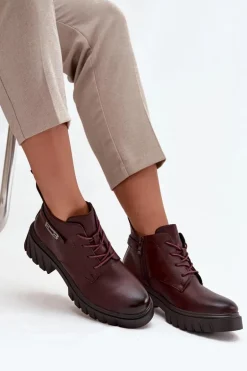 Niskie Ocieplane Botki Damskie Na Klocku Z Ozdobnym Paskiem Bordowe Therisse